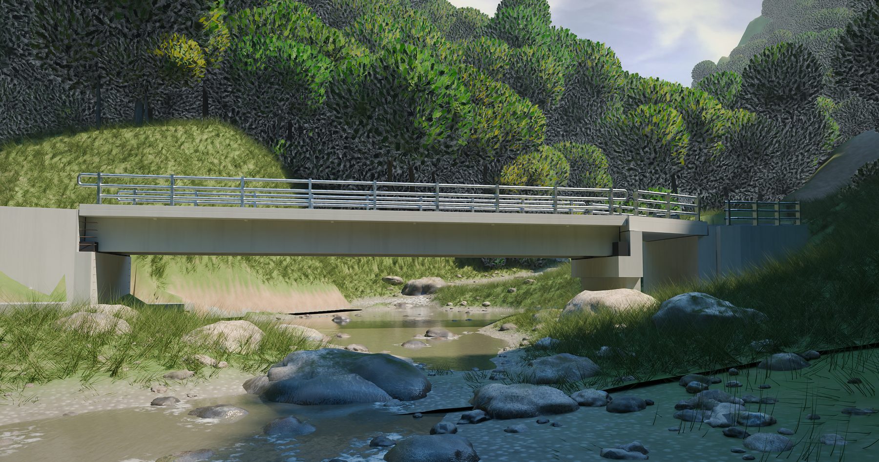Render del puente Guarataro visto desde el cauce, aguas abajo