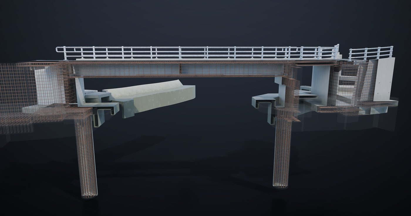 Render del refuerzo del conjunto: tablero, pila P1, estribos y caissons